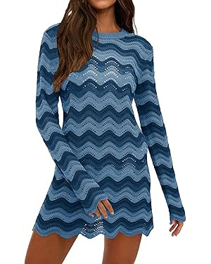 Women's Crochet Colorful Mesh Summer Long Sleeve Cover Ups Casual Striped Beach Wear Knit Mini Dr... | Amazon (US)