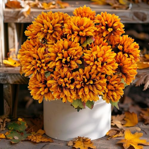 YILIUFA Fake Mums Flowers, 5 Pack 25 Heads Artificial Chrysanthemums Silk Fall Flower for Autumn Wedding Table Centerpieces Front Porch Halloween Diwali Cemetery Indoor Outdoor Decor (Burnt Orange) | Amazon (US)
