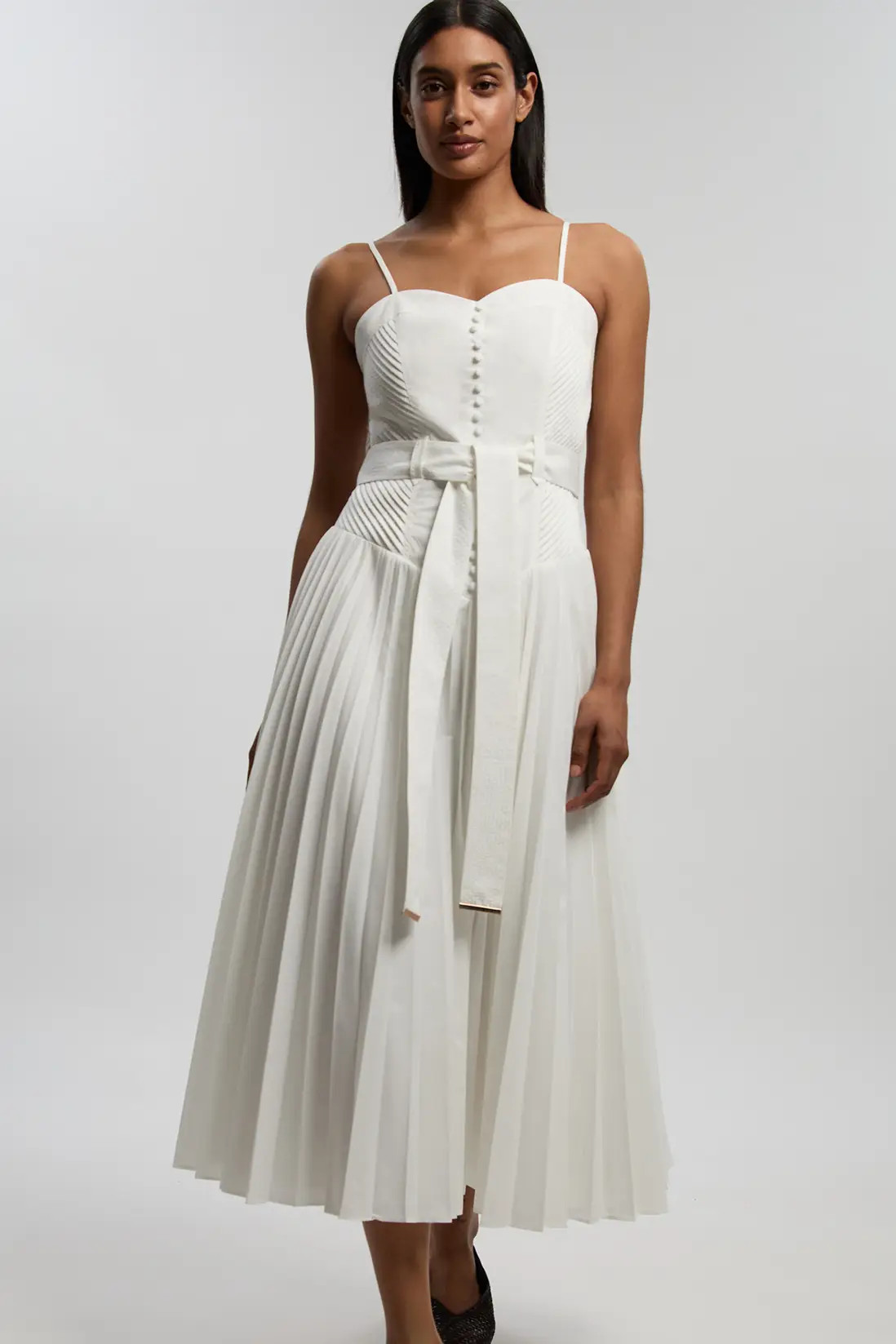 Cotton Top Stitch Dropped Waist Woven Strappy Midi Dress | Karen Millen