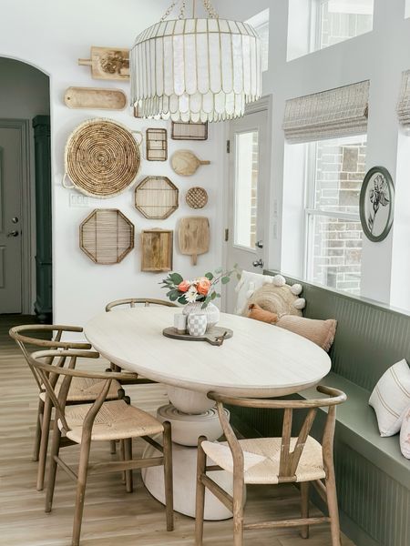 Kitchen eating area has been one of my favorite spots and finally, the rest of the kitchen is complete!! 
Table chairs pillows chandelier baskets 
#thebloomingnest 

#LTKhome #LTKSeasonal #LTKstyletip