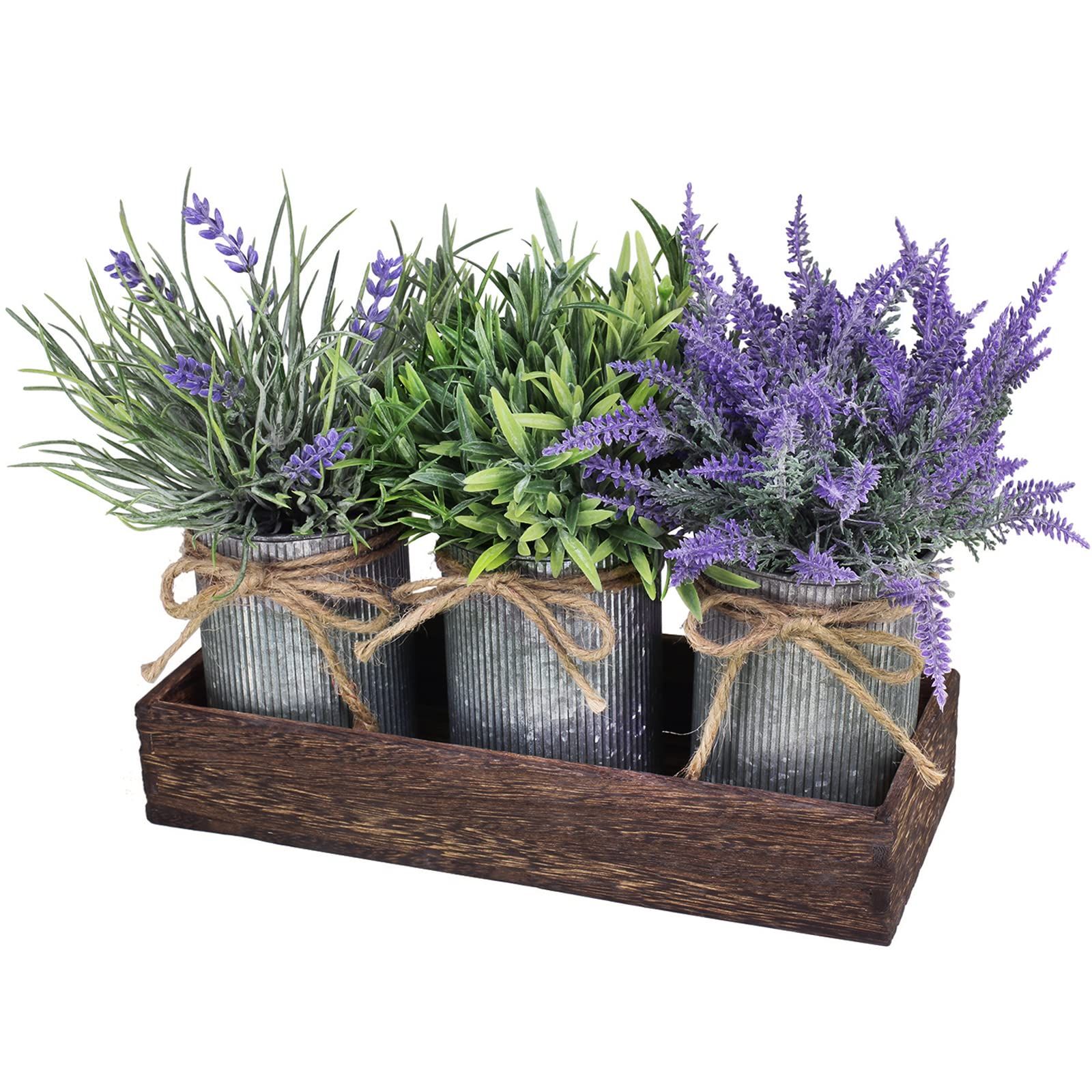 Set of 3 Small Potted Plants Arrangement Artificial Lavender and Grass Plants in Rustic Galvanize... | Amazon (US)
