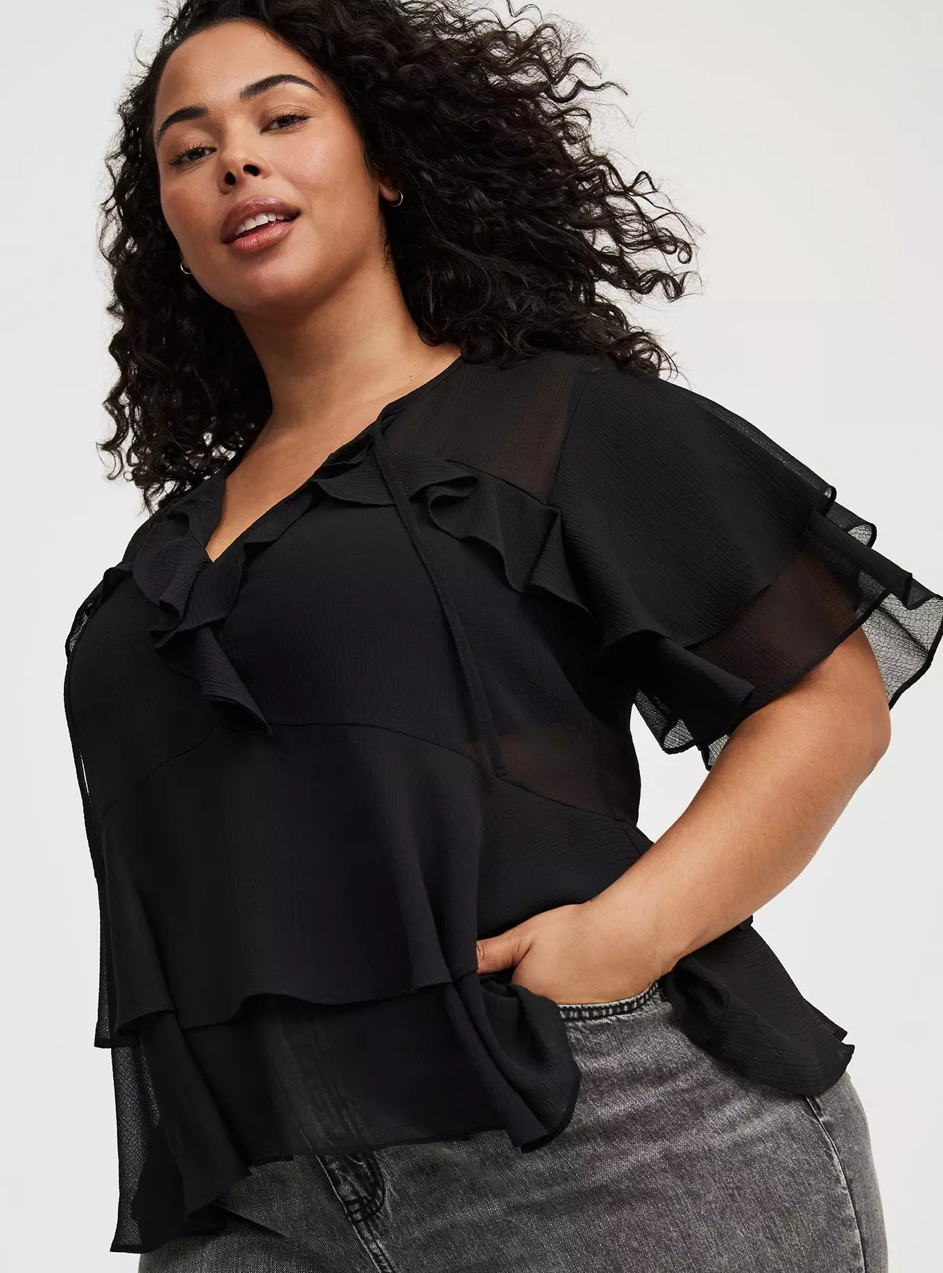 Tie Front Tiered Ruffle Blouse | Torrid (US & Canada)