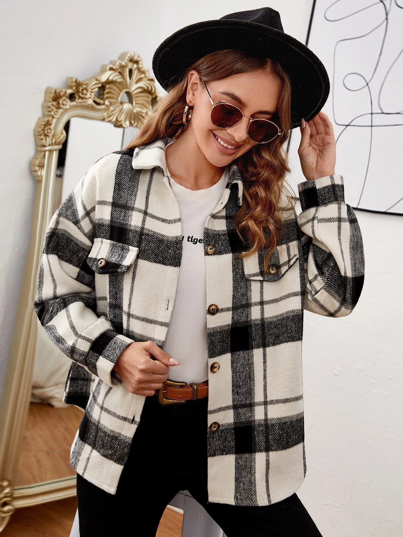 Plaid Flap Detail Coat | SHEIN