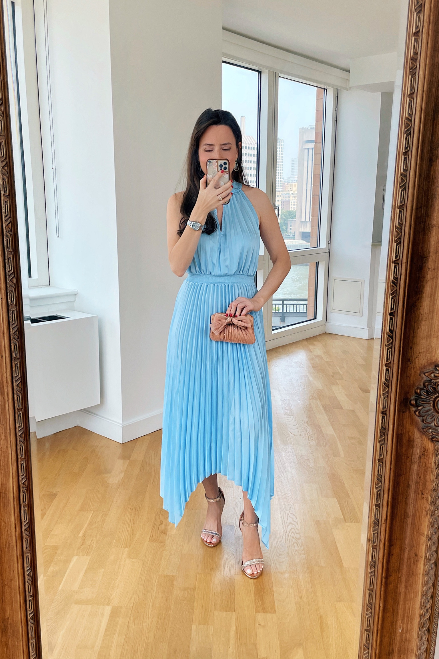 Wedding guest dress.
Dress from amazon.
TTS. Pleated dress.
Loeffler Randall bag.  The color is more light blue than on the website, but I like it better! 

#LTKunder50 #LTKwedding #LTKunder100