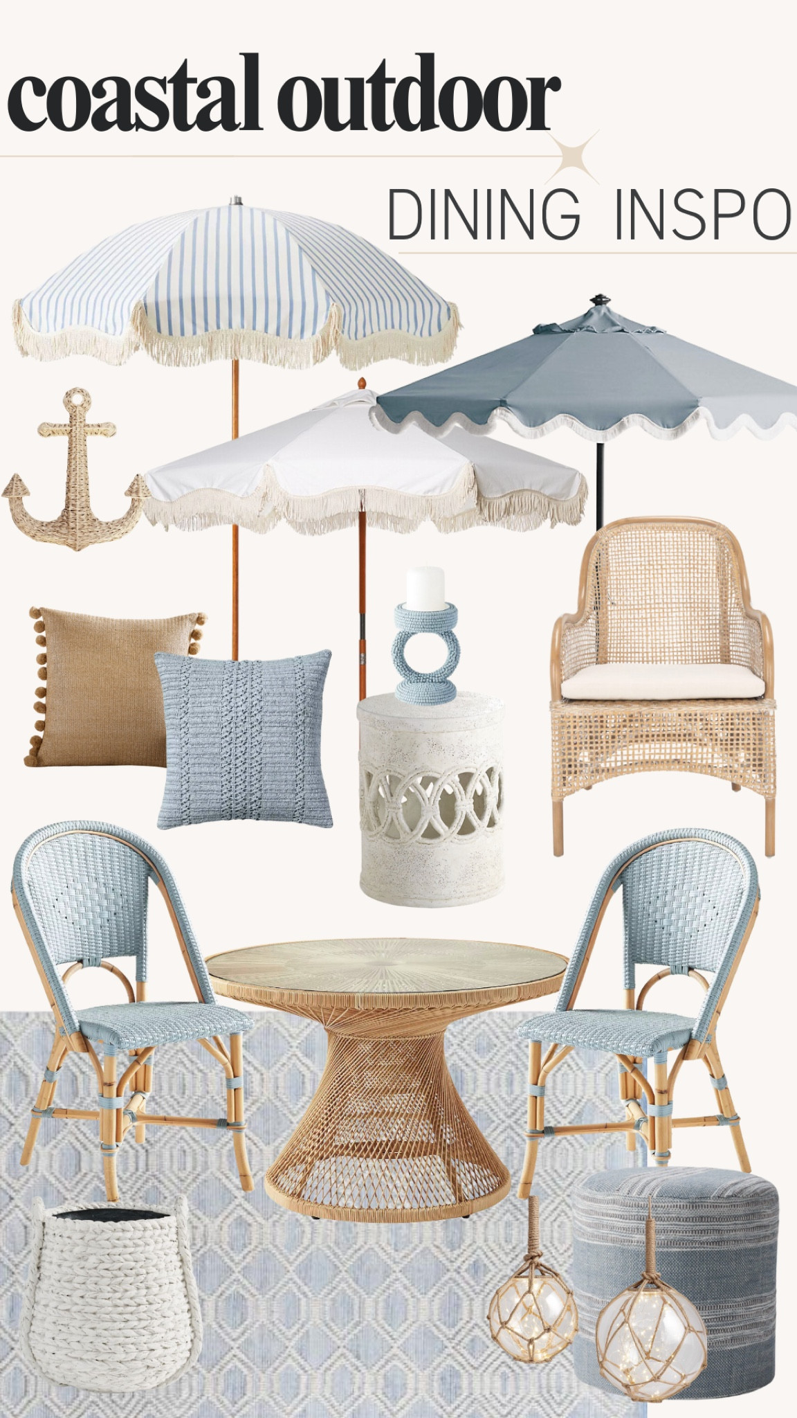 Coastal outdoor dining inspo including, outdoor dining table, outdoor seating, outdoor umbrellas, blue accents, accent table, outdoor rug, outdoor throw pillows 

#LTKStyleTip #LTKHome #LTKSeasonal