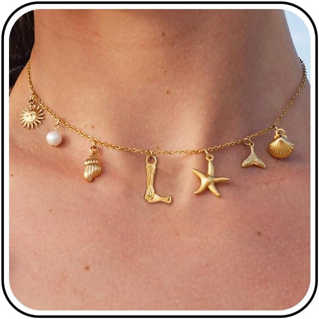SLOONG Initial Charm Necklace for Women, Beach Pendant 14K Gold Plated Letter Neckalces Freshwate... | Amazon (US)