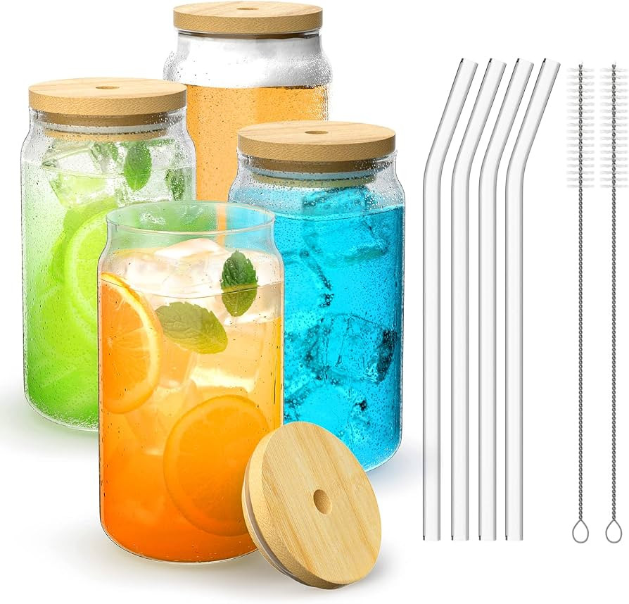 Finew 4pcs Glass Cups with Bamboo Lids and Glass Straws, 16oz Drinking Glasses Can Shaped Glass C... | Amazon (US)
