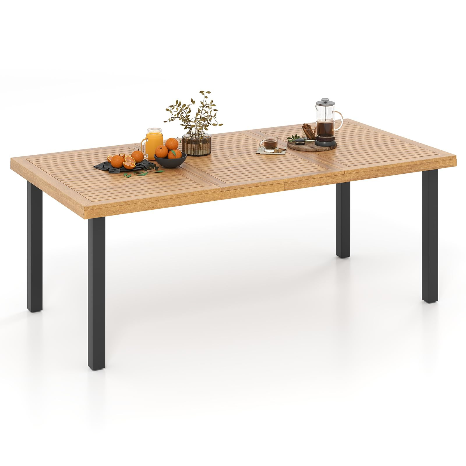 RELAX4LIFE Patio Outdoor Dining Table for 8-79’’ x 39.5’’ Acacia Wood Rectangular Table w/Slatted Top, Umbrella Hole & Metal Legs, Indoor Outdoor Picnic Bistro Table, 8-Person Patio Dining Table | Amazon (US)