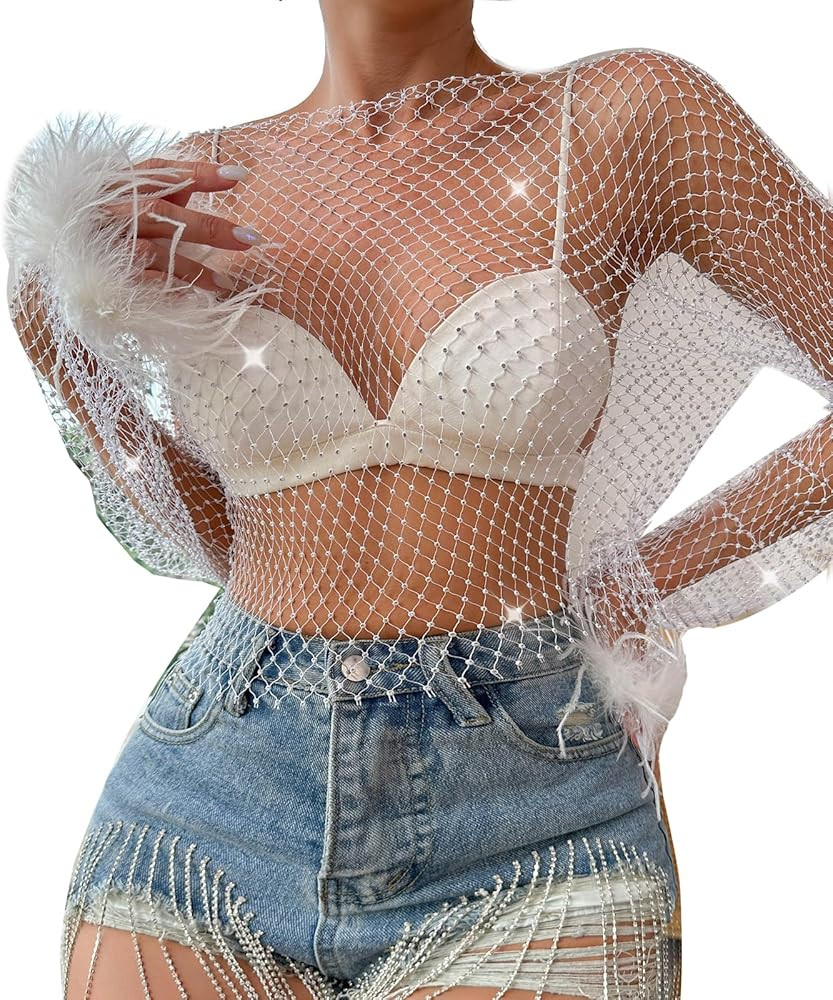 Women Rhinestone Crop Top Mesh Long Sleeve Cami Shirt Bikini Cover Up Body Chain Rave Party Clubw... | Amazon (US)