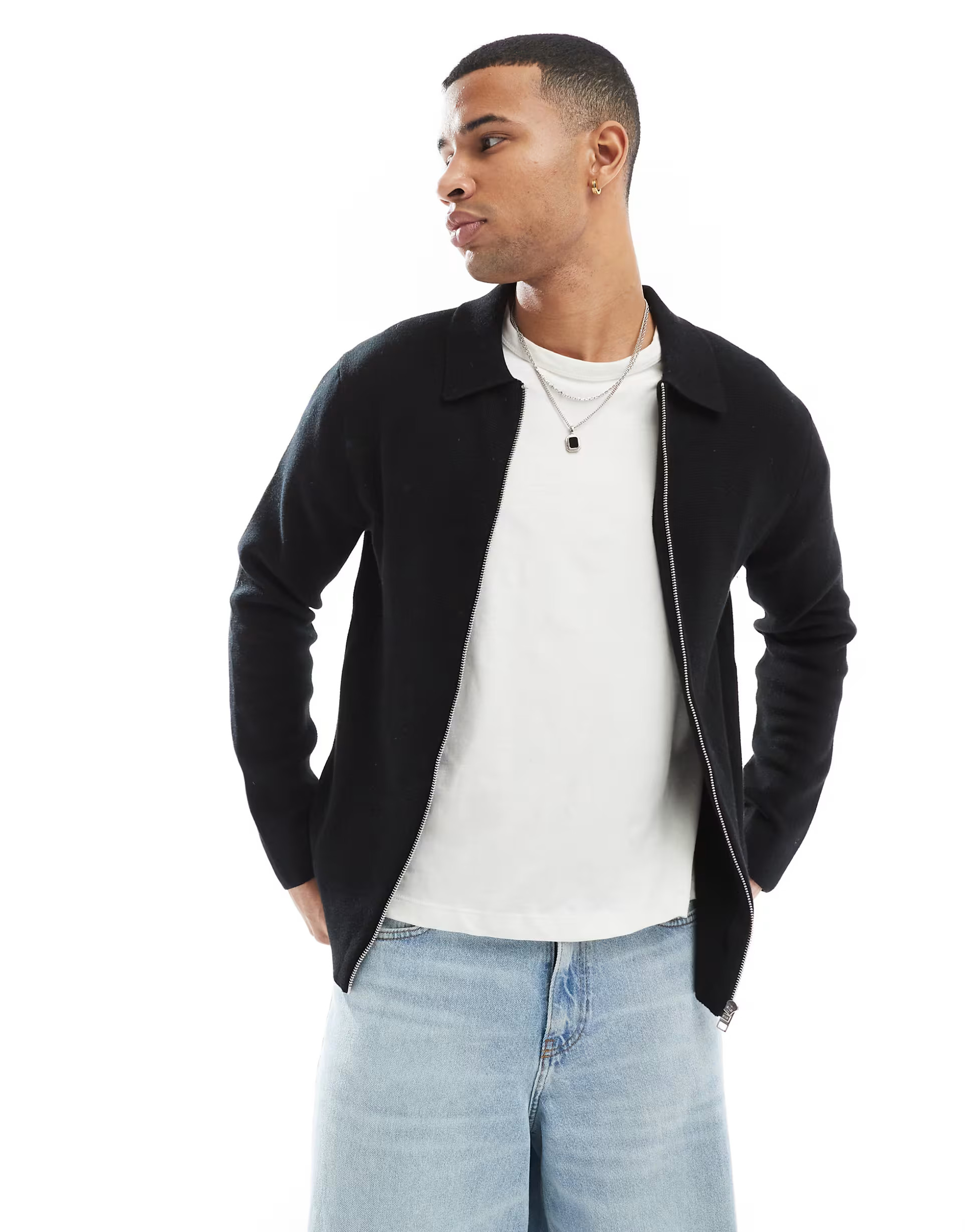Jack & Jones zip Cardigan with collar in black | ASOS (Global)