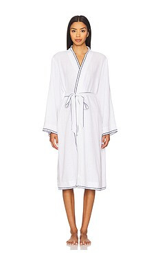 eberjey Linen Blend Long Sleeve Robe in Off White & Navy from Revolve.com | Revolve Clothing (Global)