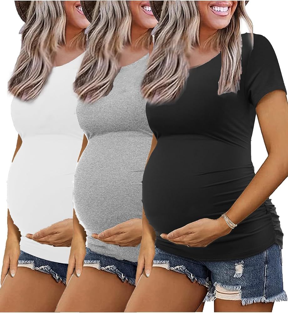 KIM S Maternity Shirts, 3 Packs Maternity Shirt Side Ruched Maternity Tops Casual Pregnancy Mater... | Amazon (US)