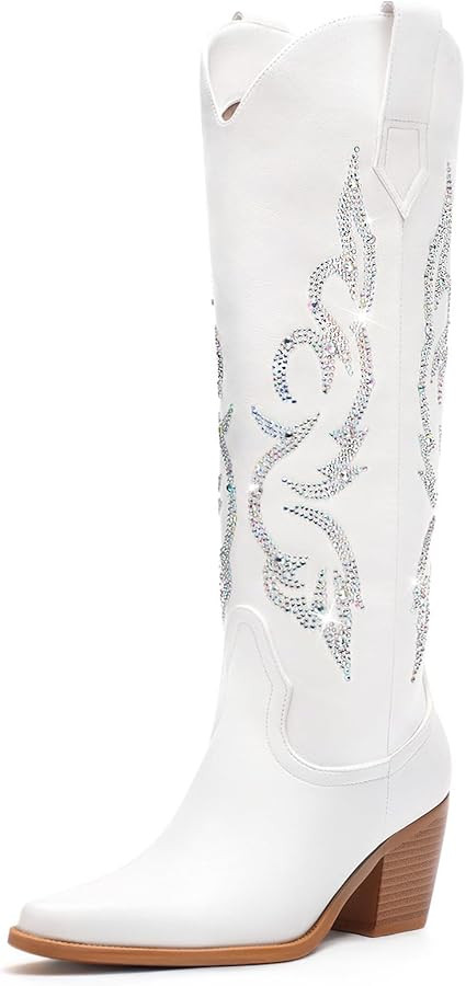 White Cowboy Boots for Women - Wide Calf Rhinestone Cowgirl Boots, Women Knee High Western Boots,... | Amazon (US)