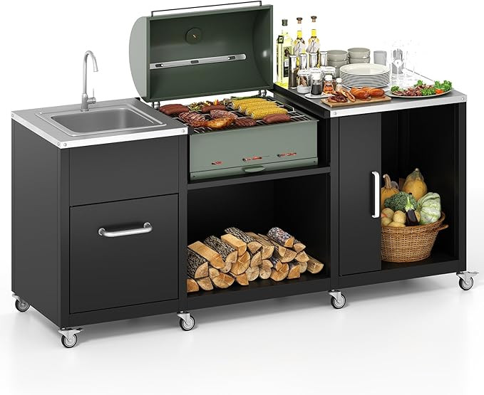 Happygrill 80” Outdoor Grill Table with Sink & Drainage, Heavy Duty Metal Grill Cart w/Cabinet ... | Amazon (US)