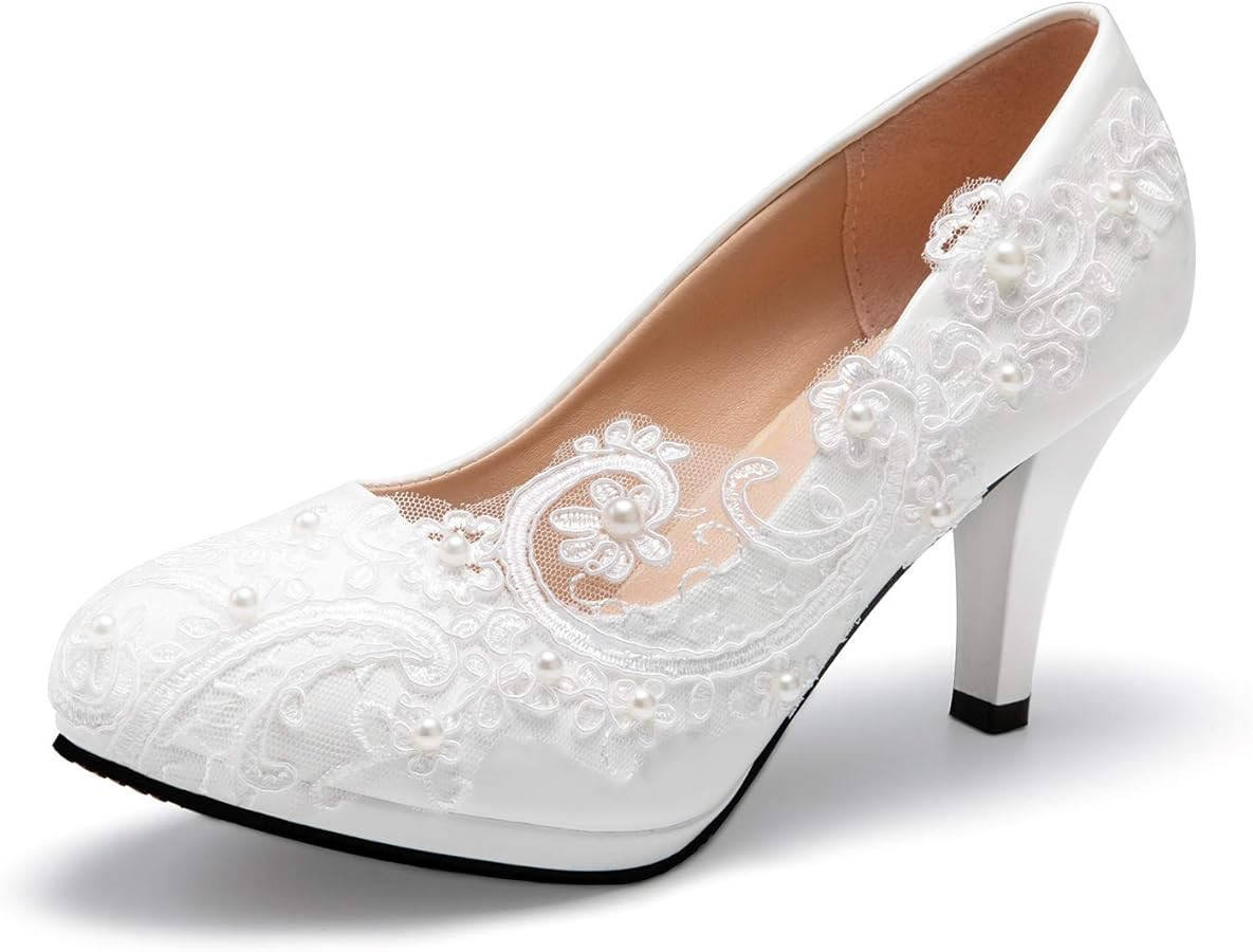 Bridal Wedding Shoes Closed Toe Dress Pumps Stiletto Heel with Stitching Lace | Amazon (US)