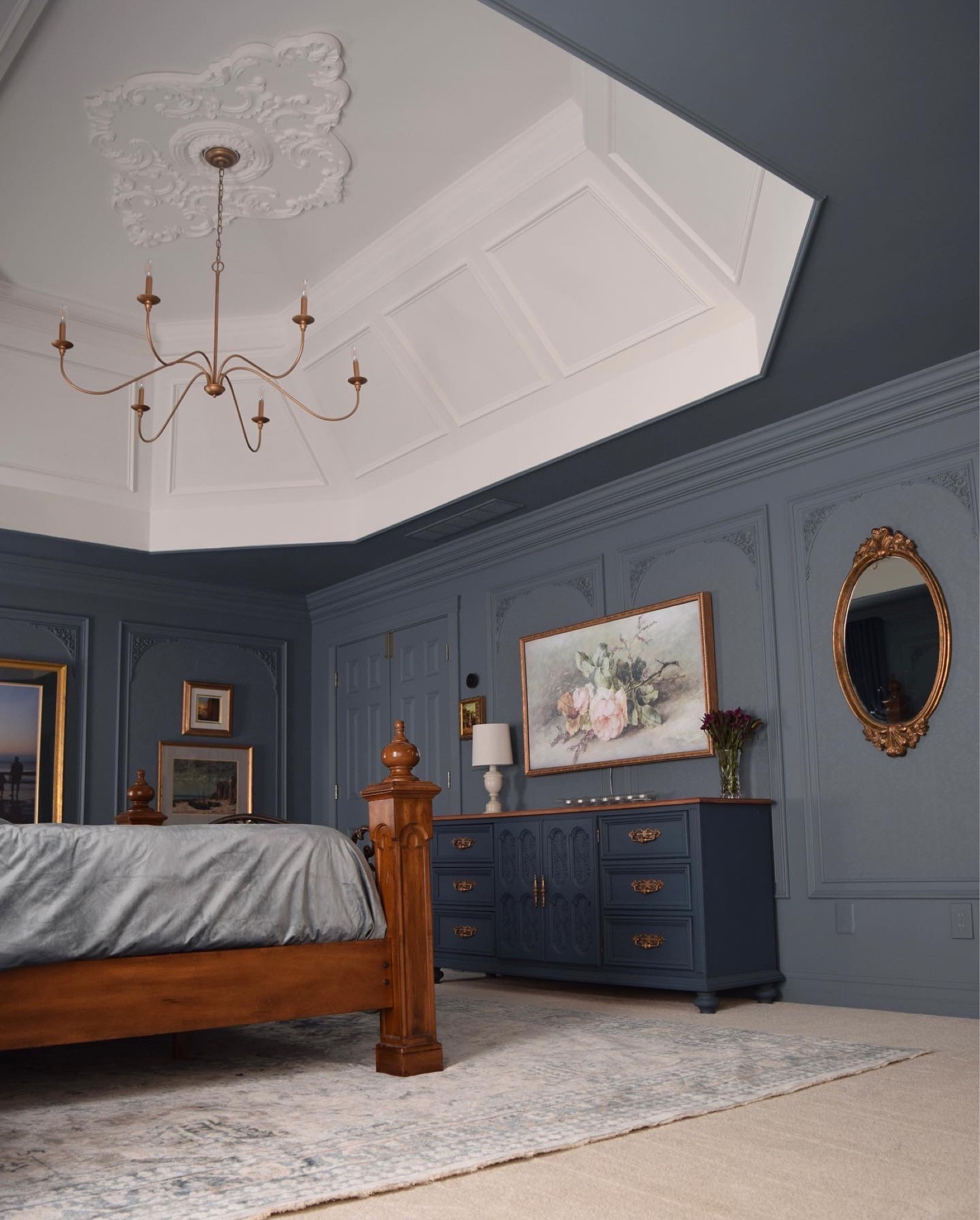 Classic traditional bedroom design. Tray ceiling with medallion, box molding, and chandelier. French inspired, rococo, baroque, neoclassical design  

#LTKsalealert #LTKfindsunder100 #LTKhome