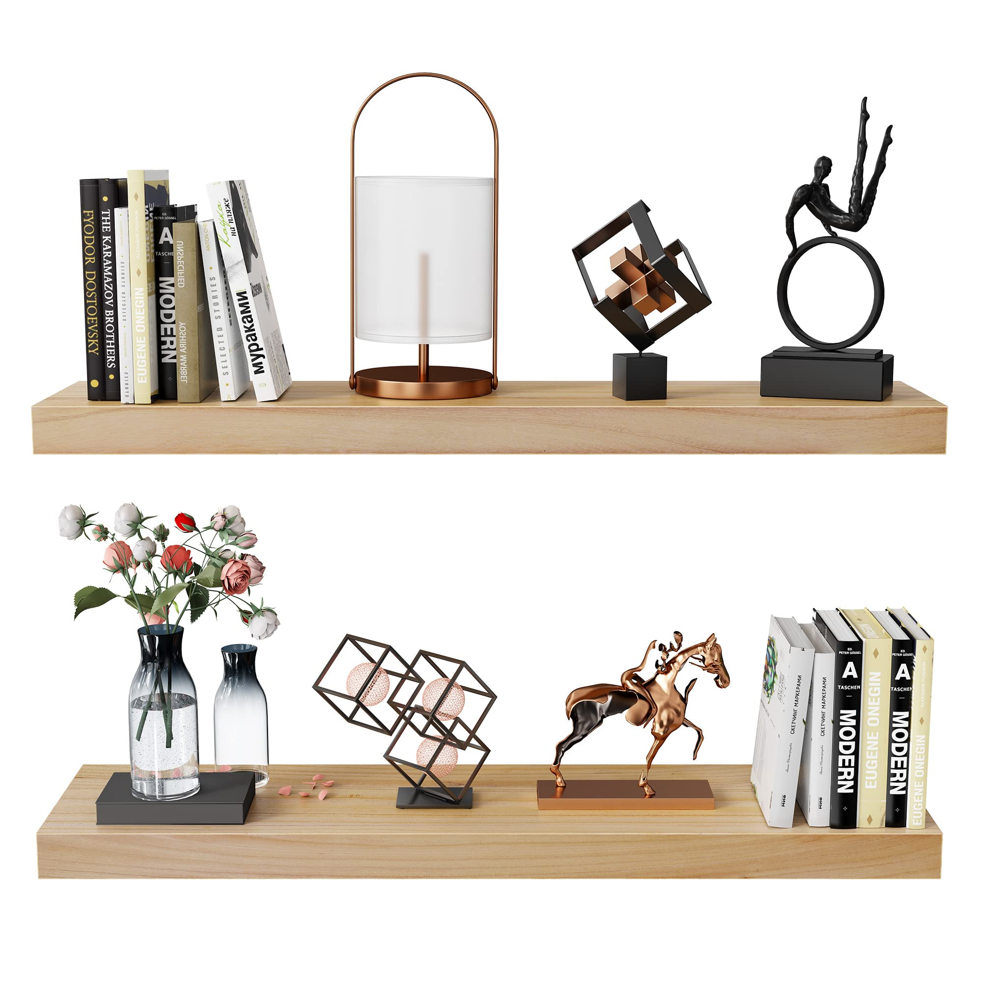 Habudda Floating Shelves for Wall, Bathroom Bedroom Kitchen Book Shelf, Rustic Wooden Home Decor Plant Display, Varnished Natural Solid Wood, Mounted Invisible Bracket, 30" Set of 2 | Amazon (US)