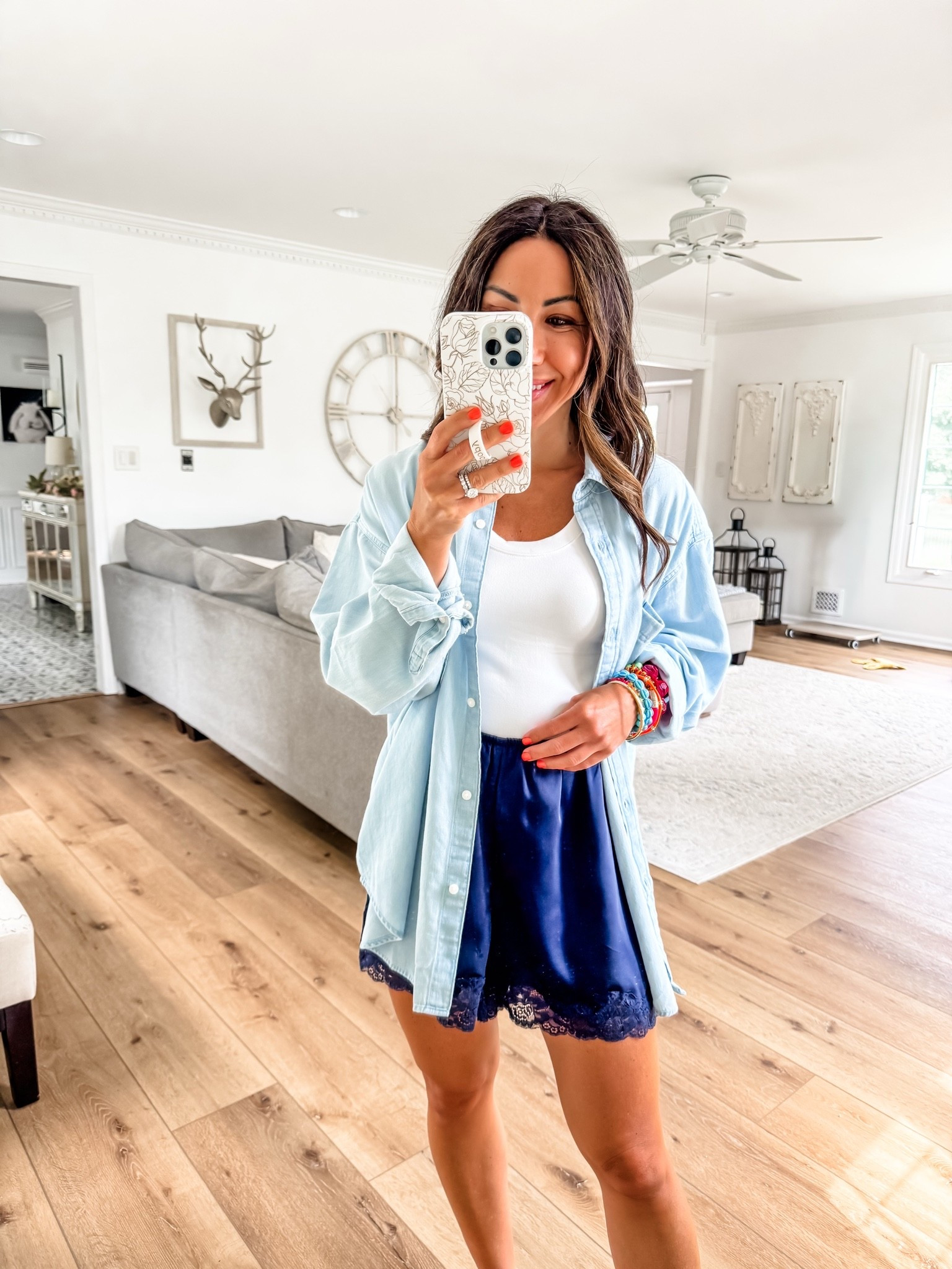 Small satin shorts. Denim shirt it’s small, but prefer XS. Chambray shirt

#LTKSaleAlert #LTKOver40