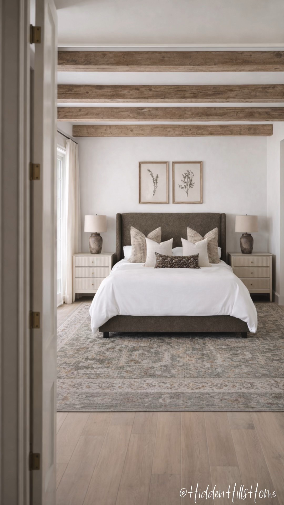 Master bedroom decor mood board, bedroom design ideas, home decor inspiration, Tilly bed, bedroom rug, nightstands, bedding 

