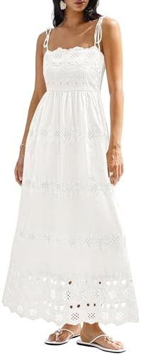 dowerme Womens Summer Maxi Dresses 2026 Casual Spaghetti Strap Smocked Eyelet Cotton Dress Long B... | Amazon (US)