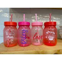 Personalized Tumbler Valentine's Day Cup With Hearts Mason Lids & Straws, Valentines Gift For Kids G | Etsy (US)