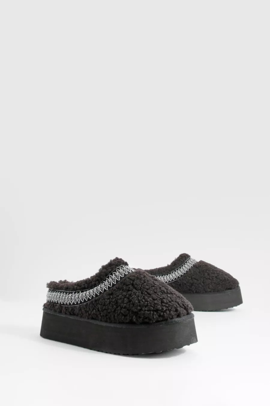 Borg Embroidered Platform Cozy Mules | boohoo (US & Canada)