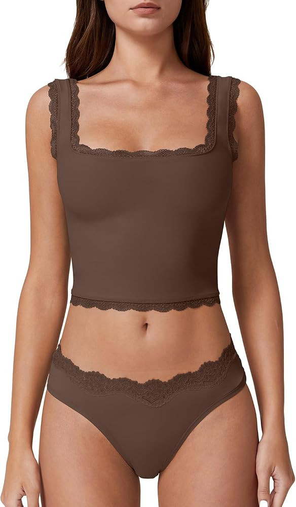QINSEN Womens Square Neck Lace Trim Tank Tops Double Lined Slim Fit Summer Going Out Y2k T Shirts | Amazon (US)