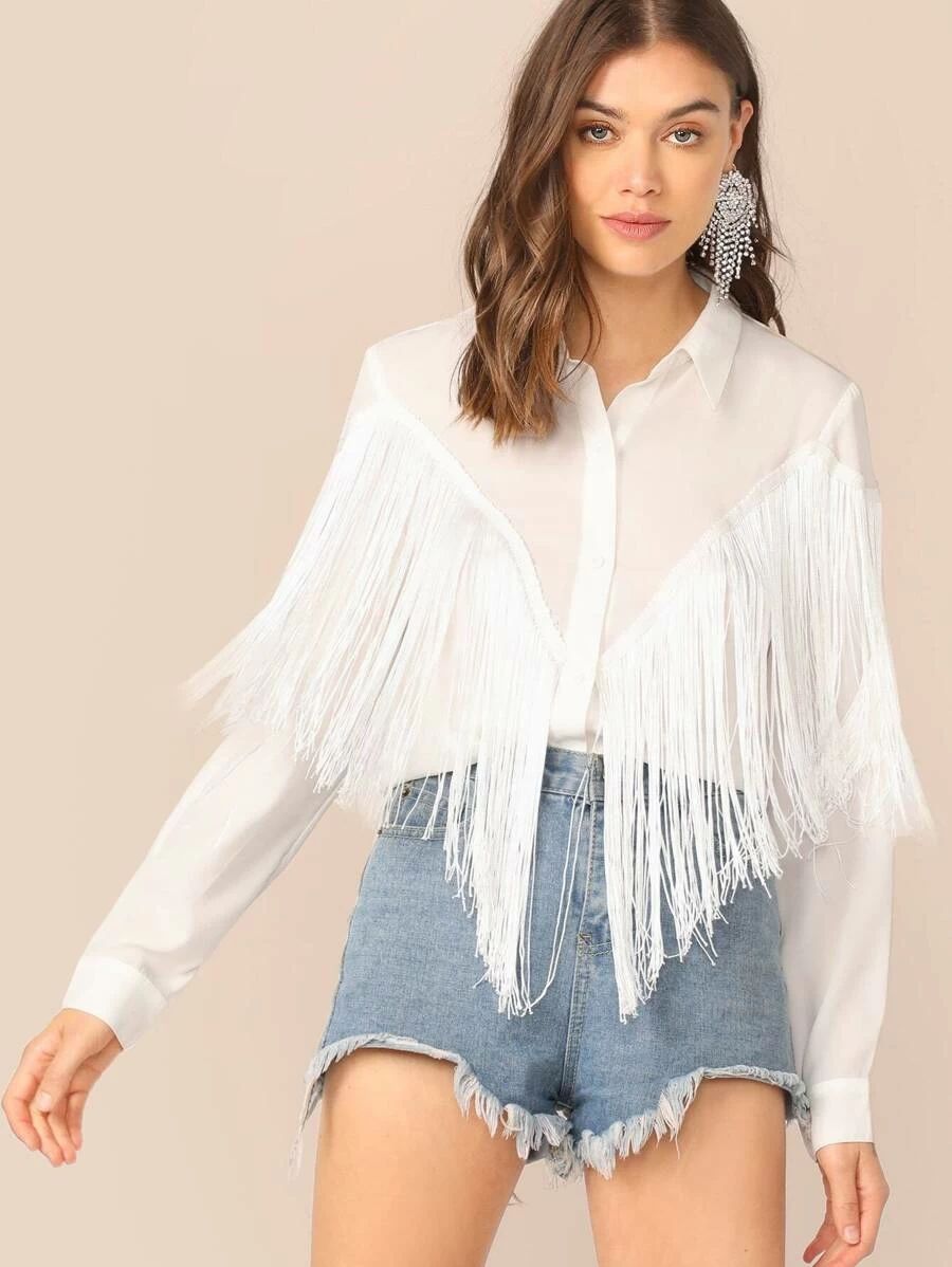 SHEIN Chevron Fringe Trim Shirt
   SKU: swblouse07190418962      
          (6239 Reviews)
      ... | SHEIN