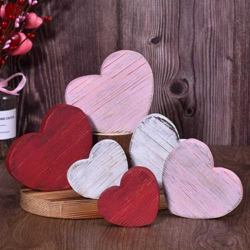 6PCS Valentine's Day Wooden Heart Block Set, Rustic Valentines Day Decorations for Tiered Tray De... | Amazon (US)
