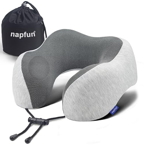 napfun Neck Pillow for Traveling, Upgraded Travel Neck Pillow for Airplane 100% Pure Memory Foam Travel Pillow for Flight Headrest Sleep, Portable Plane Accessories, Light Grey | Amazon (US)