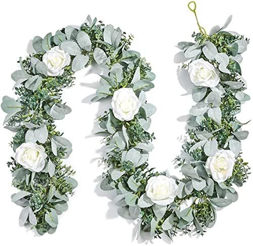 Miracliy 6 Ft Eucalyptus Garland with Flowers, Lambs Ear Greenery White Roses Fake Vines for Wedd... | Amazon (US)