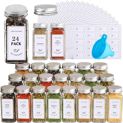 24 Glass Spice Jars with 400 Spice Labels, CASATO 4Oz Empty Square Spice Storage Bottles Containe... | Amazon (US)