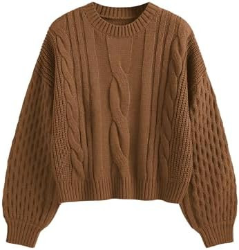 ZAFUL Women's Solid Knit Cable Sweater Casual Long Lantern Sleeve Pullover Crew Neck Knitted Tops | Amazon (US)