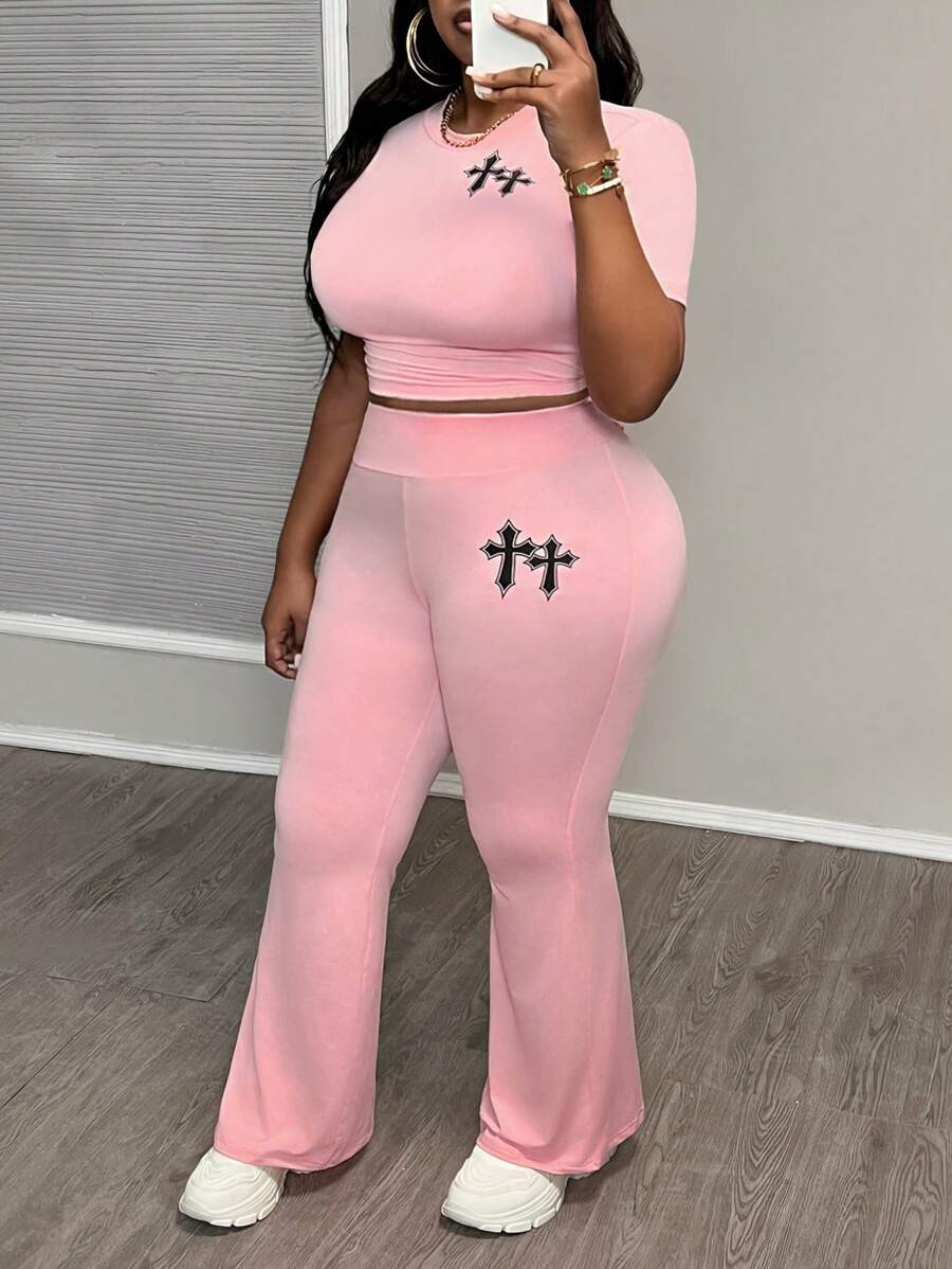 Slaydiva Simple Casual Basic Round Neck Short Sleeve Top With Flared Pants And Cross Print Plus S... | SHEIN