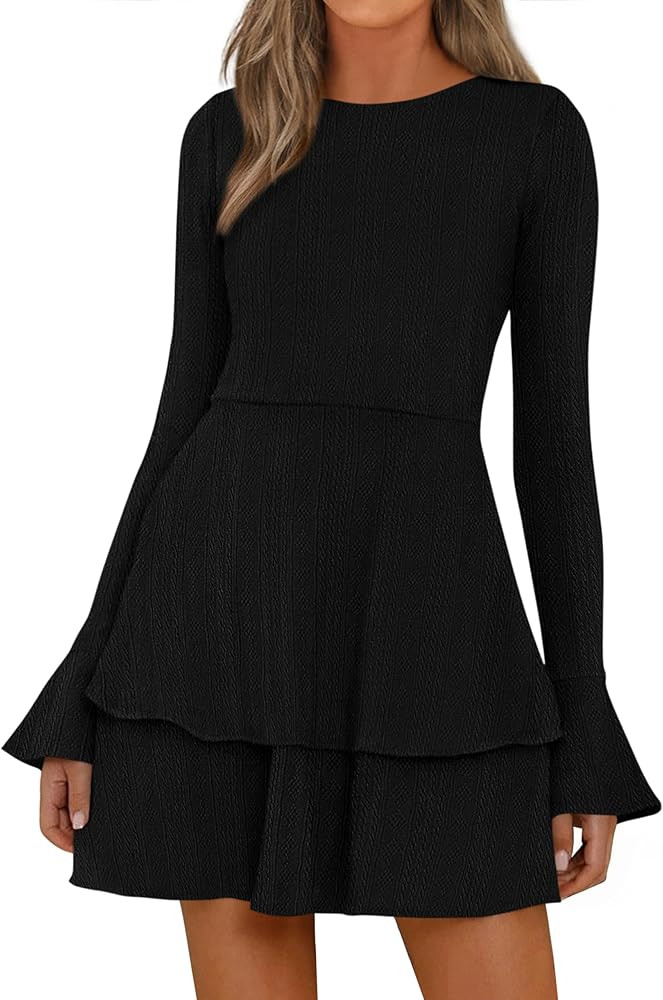 PRETTYGARDEN Womens Fall Fashion 2025 Long Bell Sleeve Mini Sweater Dress Casual Crewneck A Line ... | Amazon (US)