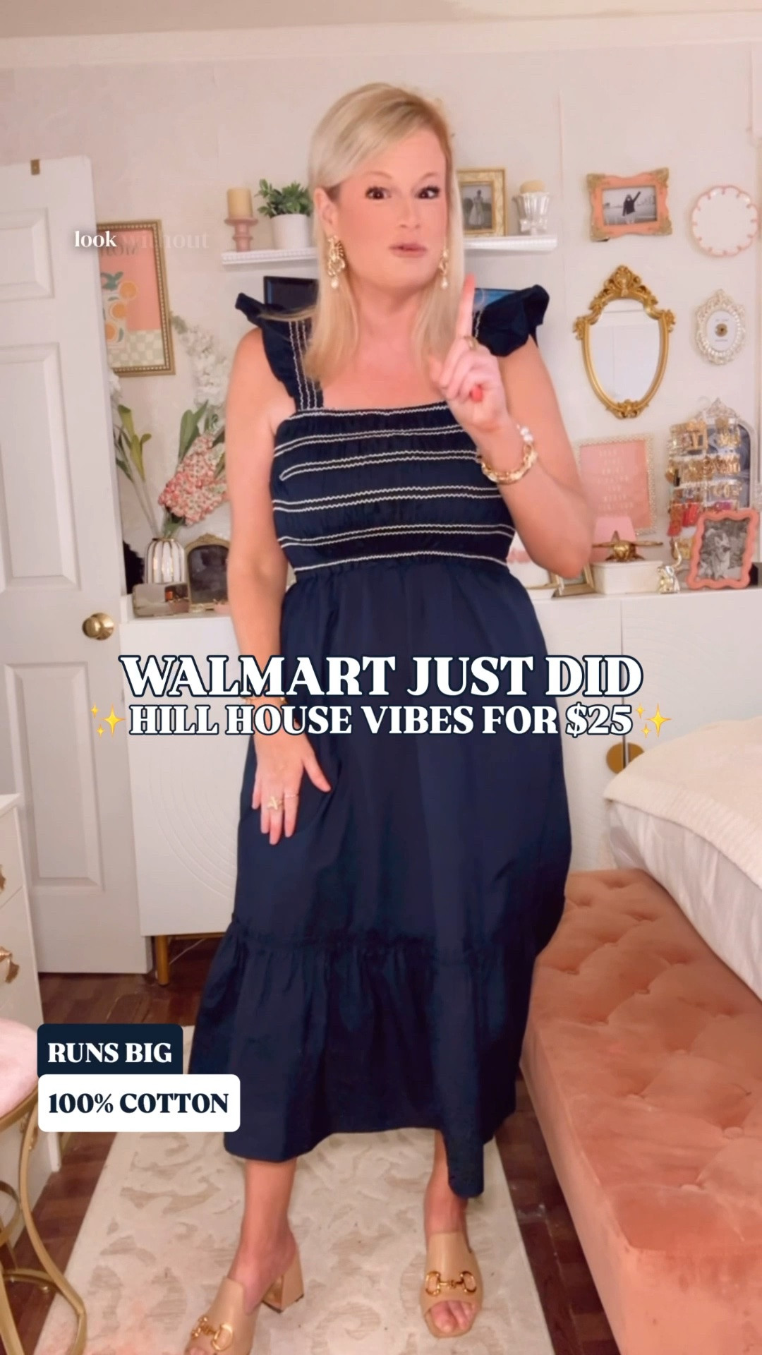 Hill House nap dress look for less | Walmart cotton dress | navy smocked midi dress | summer dress | designer look for less

Walmart just did the Hill House nap dress look without the $178 price tag, and this navy cotton midi dress is why I’m such a Walmart girlie. 

The classic navy color, white smocked stitching across the chest, square neckline, ruffle shoulder straps, midi length, tiered hem, side pockets, and crisp 100% cotton poplin fabric give it that polished nap dress feel women love. It has the same easy, feminine, throw-on-and-look-done energy that made the Hill House nap dress such a fan favorite, but at a Walmart price.

I’m in a medium. It runs a little bit big, so if you are between sizes, I would go down. The straps are bra friendly, which is such a little win. 

This is the kind of dress that works for summer outfits, vacation dinners, brunch, church, teacher outfits, work outfits, baby showers, bridal showers, graduation parties, garden parties, beach trips, lake weekends, school events, and everyday warm-weather plans. 

Style it with gold sandals, white sandals, raffia slides, pearl earrings, a straw tote, white sneakers, a cardigan, or a denim jacket for an easy polished summer outfit.

Hill House nap dress look for less, Hill House inspired dress, Walmart dress, Walmart fashion finds, Walmart style, navy midi dress, navy cotton dress, smocked midi dress, smocked dress, nap dress look for less, cotton poplin dress, 100 cotton dress, square neck dress, ruffle strap dress, dress with pockets, bra friendly dress, summer dress women, teacher outfit, work outfit, vacation dress, bridal shower dress, baby shower dress, designer look for less

#LTKFindsUnder50 #LTKFindsUnder100 #PreppyStyle #HillHouse #LookForLess #DesignerDupes #SummerDresses #CottonDresses #WalmartStyle #WalmartFinds

#LTKSeasonal #LTKWedding #LTKootd