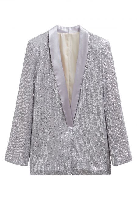 Dazzling Sequin Open Front Shawl Blazer in Silver | Chicwish