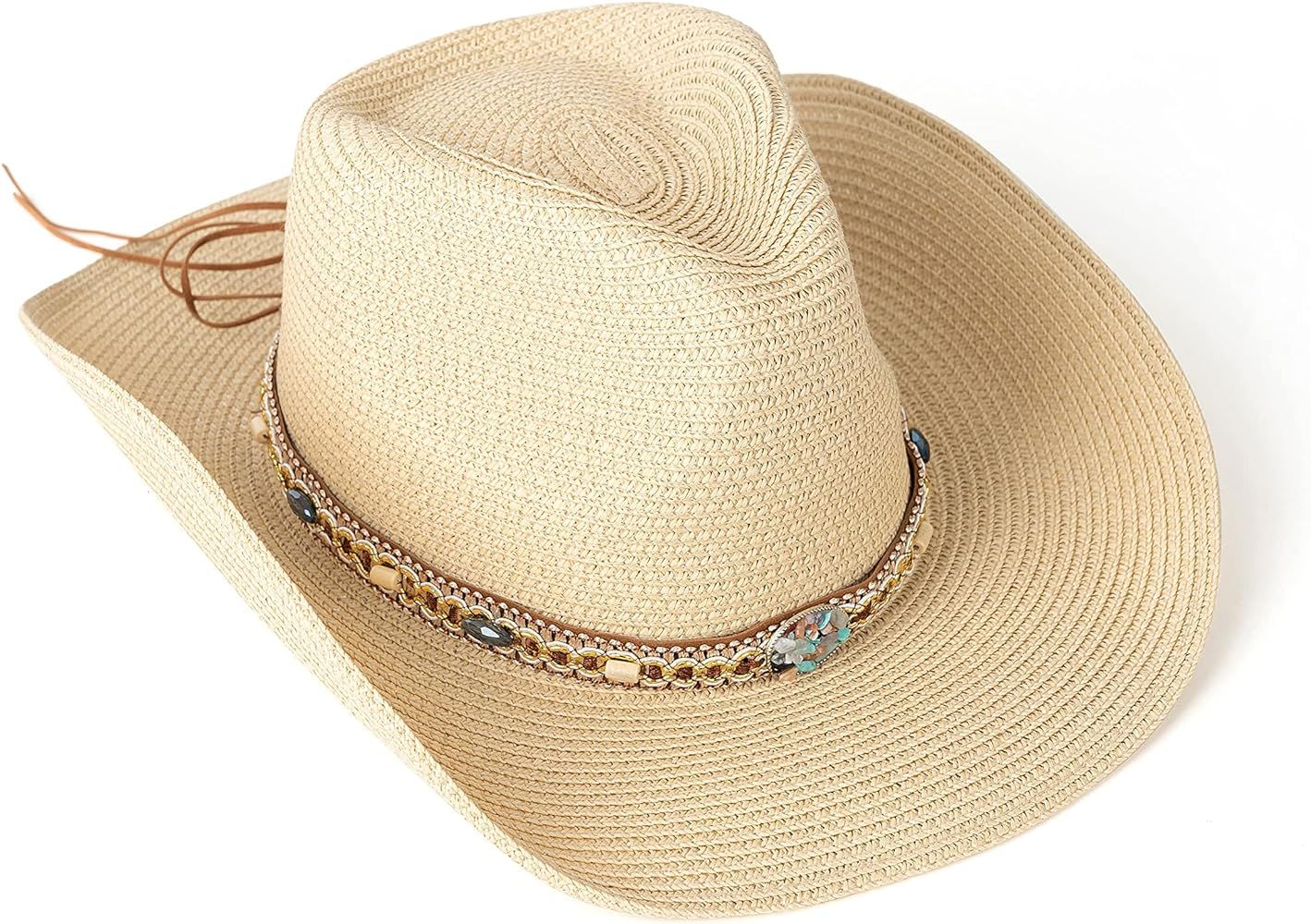 EOGIMI Western Style Classic Cowboy Straw Hat Wide Brim Cowgirl Hat with Belt Buckle | Amazon (US)