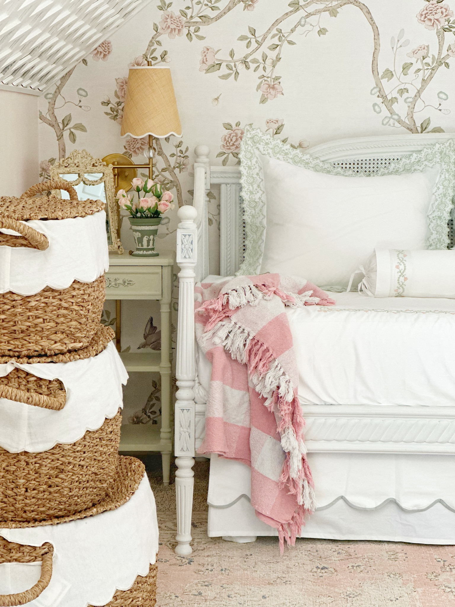 Peel and stick Chinoiserie wallpaper, Etsy, Ballard designs, scalloped bedskirt, Buffalo plaid, throw blanket, Amazon, stackable, baskets, toy storage, home, organization, sconce, lighting, scalloped lampshade, traditional, grand millennial, nursery, daybed 

#LTKhome #LTKFind