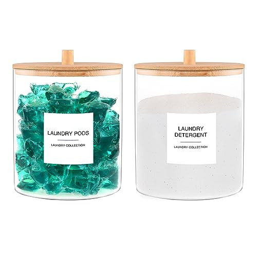 Glass Jars for Laundry Room Organization, Laundry Pods Container with 27 Labels, Detergent Holder with Bamboo Lid, Cute Storage Jars (Set of 2) | Amazon (US)