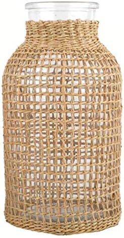 DOITOOL Boho Glass Flower Vase with Rattan Cover, Farmhouse Flower Bud Vase, Round Decorative Flo... | Amazon (US)