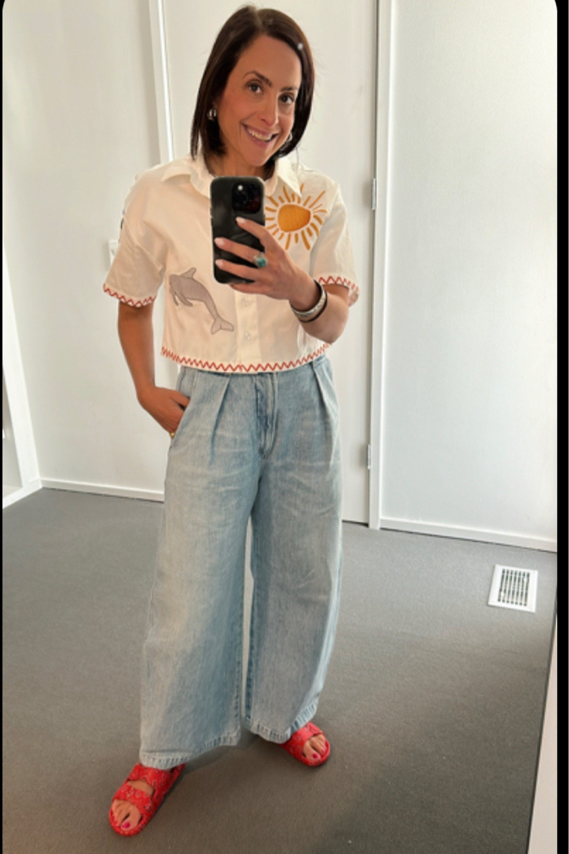 Casual Friday! In my favorite #citizensofhumanity trouser jeans and Bode inspired embroidered resort shirt! 

#LTKSeasonal