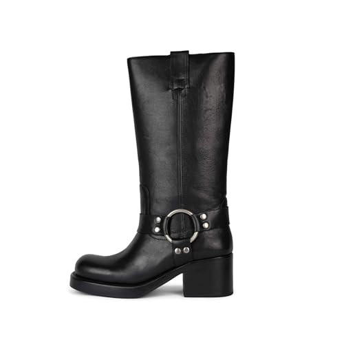GTBINGGO Women's Knee High Riding Boots Round Toe Block Heel Fashion Motorcycle Booties Side Zipper Biker Riding Boots with Studs Black Size US10.5 | Amazon (US)