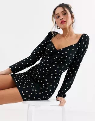 ASOS DESIGN sweetheart neck ruched front mini dress in polka dot | ASOS (Global)