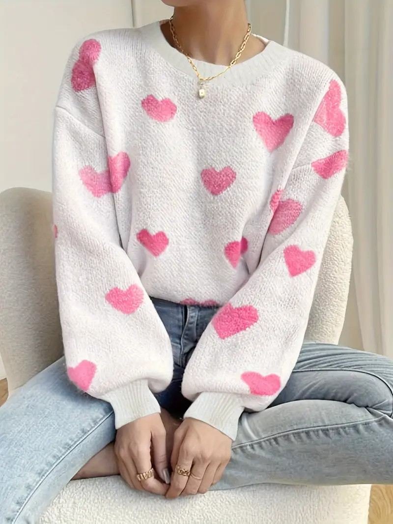 Heart Pattern Crew Neck Pullover Sweater Casual Long Sleeve - Temu | Temu Affiliate Program