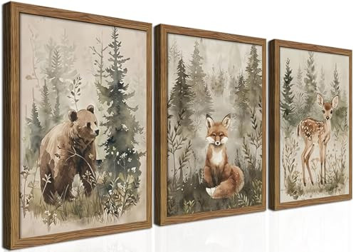 Framed Woodland Wall Art Nursery Decor Set of 3, Cute Wild Animals Bear Fox Deer Canvas Wall Art, Nature Watercolor Prints, Animal Pictures Wall Decor for Baby Room Kids Bedroom – 16x24 inch | Amazon (US)