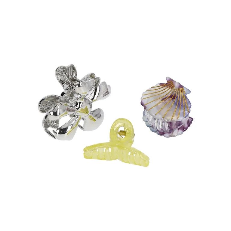 No Boundaries Mixed Claw Clips,3-Piece Set, Lime/Silver/Mint | Walmart (US)