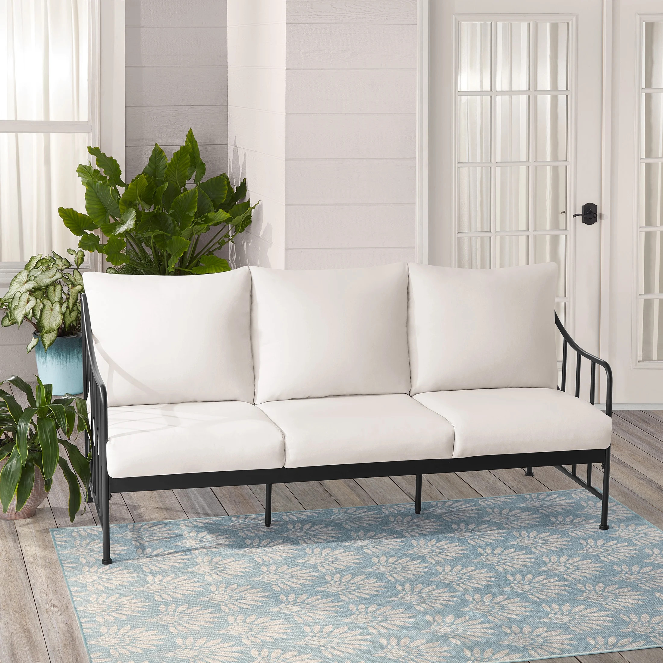 Better Homes & Gardens Aubrey Outdoor Metal Sofa with Cushions, Black & Cream | Walmart (US)