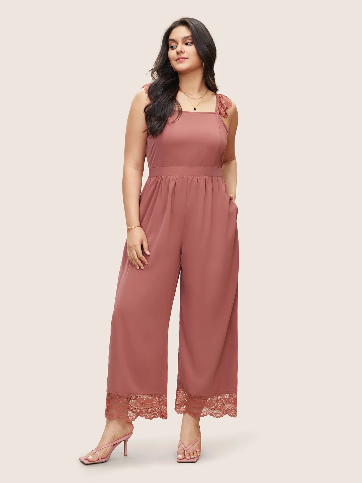 Solid Pocket Lace Panel Ruffles Pleated Cami Jumpsuit | Bloomchic