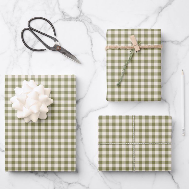 Cute Retro Olive Green Gingham Plaid Pattern Wrapping Paper Sheets | Zazzle | Zazzle